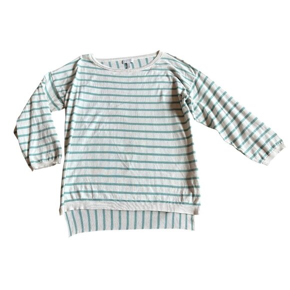 Escada Sport Teal White Stripe Sweater Stretch Cropped Sleeves Cotton Medium - Picture 1 of 13